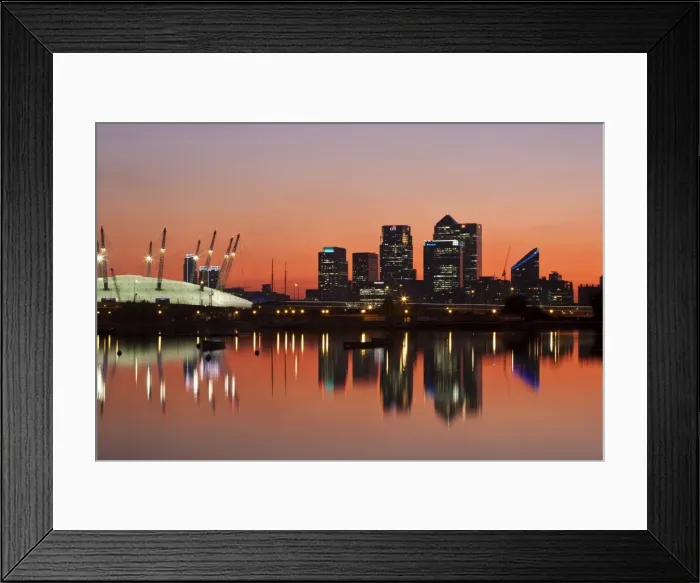 Framed Print : England, London, Newham, O2 Arena and Canary Wharf buildings reflecting in Royal Victoria Docks Framed Print : England, London, Newham, O2 Arena and Canary Wharf buildings reflecting in Royal Victoria Docks