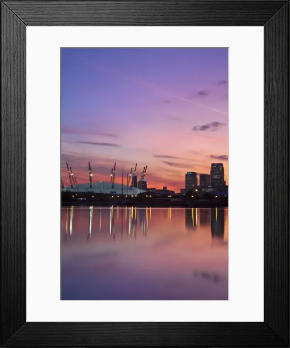 Framed Print : England, London, Newham, O2 Arena and Canary Wharf buildings reflecting in Royal Victoria Docks Framed Print : England, London, Newham, O2 Arena and Canary Wharf buildings reflecting in Royal Victoria Docks