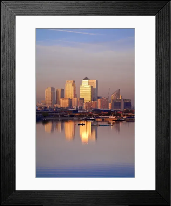 Framed Print : England, London, Newham, Royal Victoria Docks, Canary Wharf buildings at dawn Framed Print : England, London, Newham, Royal Victoria Docks, Canary Wharf buildings at dawn