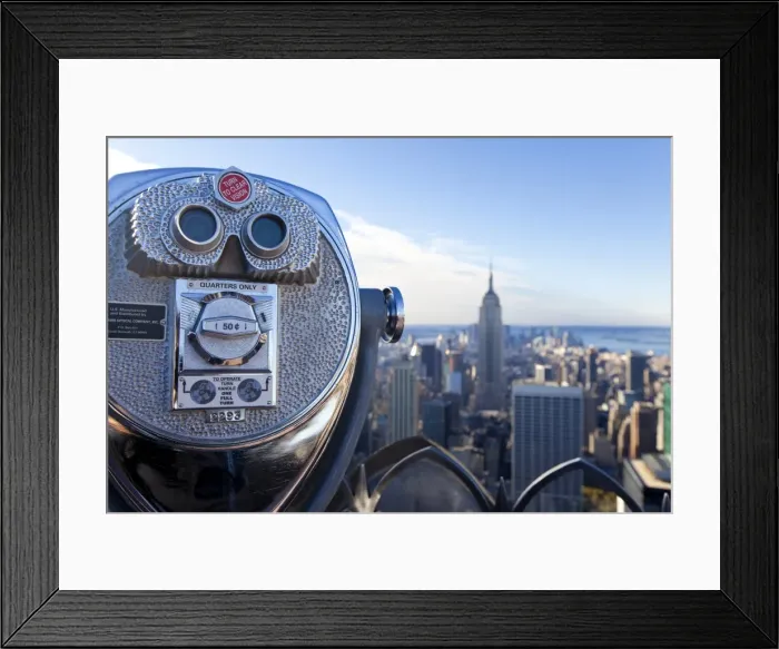 Framed Print : USA, New York City, Manhattan, Coin operated Binoculars and the Empire State Building viewed from the top of Framed Print : USA, New York City, Manhattan, Coin operated Binoculars and the Empire State Building viewed from the top of