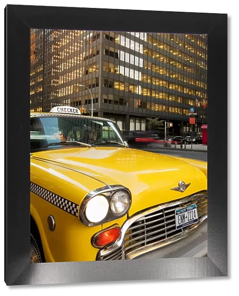 USA, New York City, Manhattan, Downtown Financial District, Yellow NYC Checker Taxi