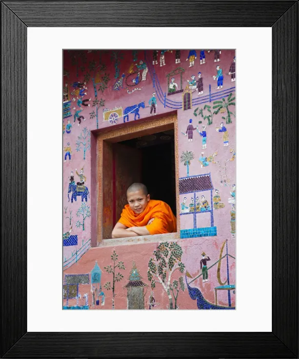 Framed Print : Laos, Luang Prabang, Wat Xieng Thong, Monk at Window of the Reclining Buddha Sanctuary Framed Print : Laos, Luang Prabang, Wat Xieng Thong, Monk at Window of the Reclining Buddha Sanctuary