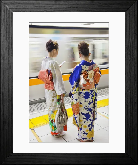 Framed Print : Japan, Tokyo, Girls in Kimono on Subway Platform Framed Print : Japan, Tokyo, Girls in Kimono on Subway Platform