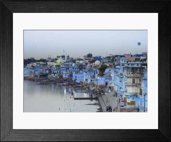 Framed Print : India, Rajasthan, Pushkar, Hot Air balloon over Pushkar Lake and bathing ghats Framed Print : India, Rajasthan, Pushkar, Hot Air balloon over Pushkar Lake and bathing ghats
