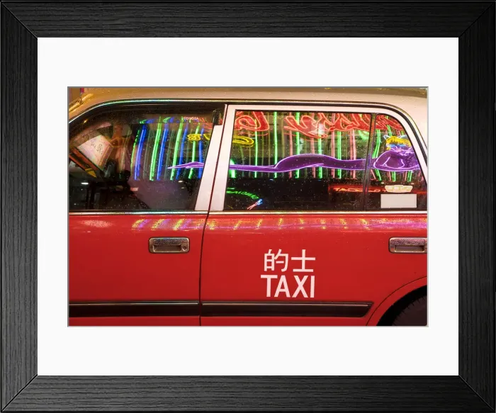 Framed Print : China, Hong Kong, Wan Chai, nightlife neon reflected in a Hong Kong taxi window