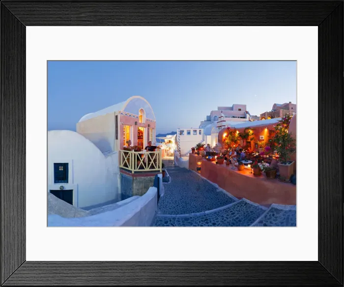 Framed Print : Restaurants in the village of Oia (La), Santorini (Thira), Cyclades Islands, Aegean Sea