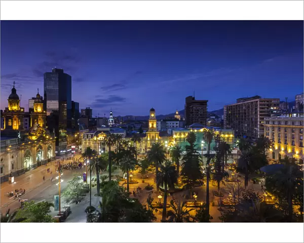 Chile, Santiago, Plaza de Armas and Metropolitan Cathedral, elevated view, dusk