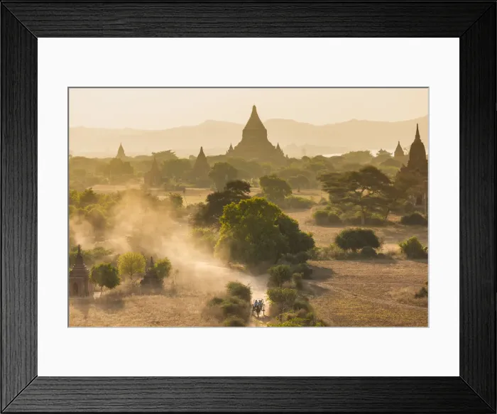 Framed Print : Ancient temple city of Bagan (also Pagan) with horse drawn carriage, Myanmar (Burma)