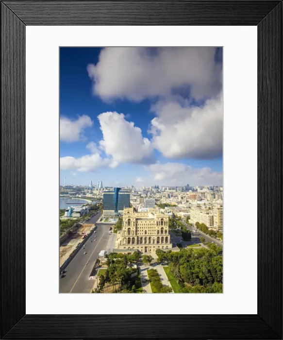 Framed Print : Azerbaijan, Baku, View of city looking towards Government House, Hilton Hotel