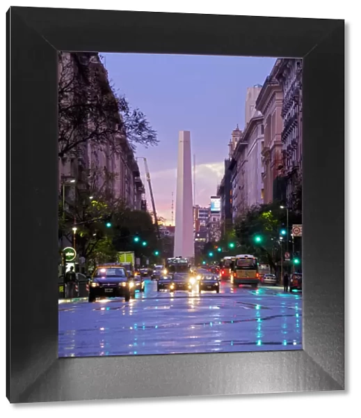 Argentina, Buenos Aires Province, City of Buenos Aires, Twilight view of Av Pres