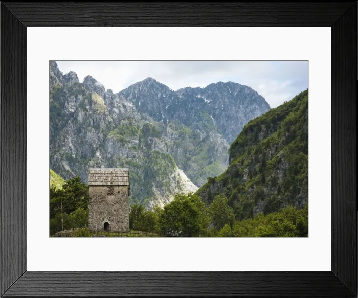 Framed Print : Exterior of building with The Accursed Mountains in background, Theth, Albania Framed Print : Exterior of building with The Accursed Mountains in background, Theth, Albania