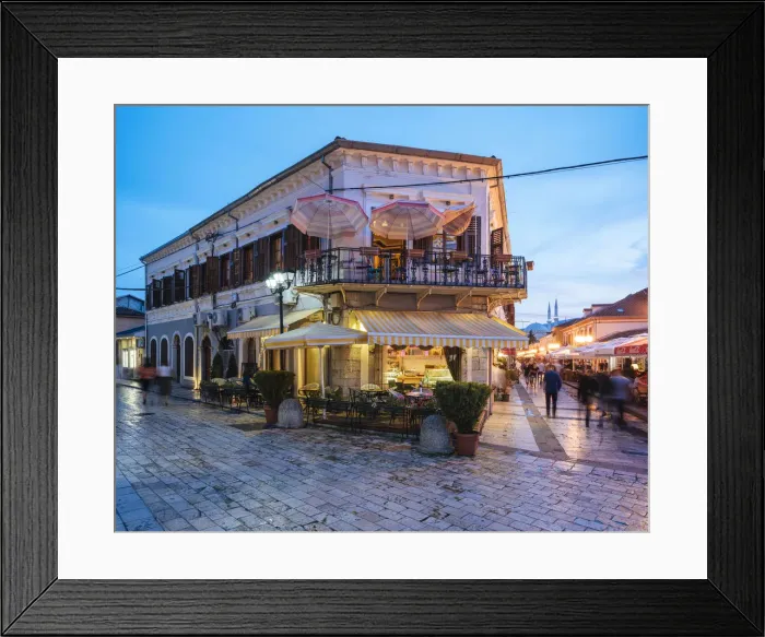 Framed Print : Rruga Kola Idromeno Street at night, Old Town, Shkodra, Albania Framed Print : Rruga Kola Idromeno Street at night, Old Town, Shkodra, Albania