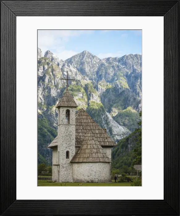 Framed Print : Exterior of Theth Village Church with The Accursed Mountains in background, Theth Framed Print : Exterior of Theth Village Church with The Accursed Mountains in background, Theth