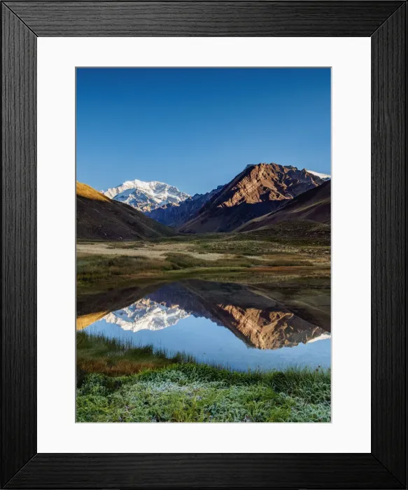 Framed Print : Aconcagua Mountain reflecting in the Espejo Lagoon, Aconcagua Provincial Park, Central Framed Print : Aconcagua Mountain reflecting in the Espejo Lagoon, Aconcagua Provincial Park, Central