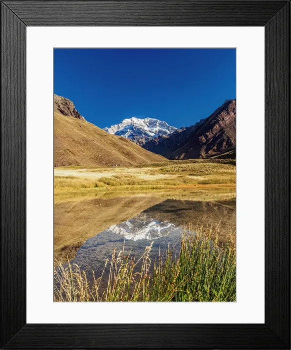 Framed Print : Aconcagua Mountain reflecting in the Espejo Lagoon, Aconcagua Provincial Park, Central Framed Print : Aconcagua Mountain reflecting in the Espejo Lagoon, Aconcagua Provincial Park, Central
