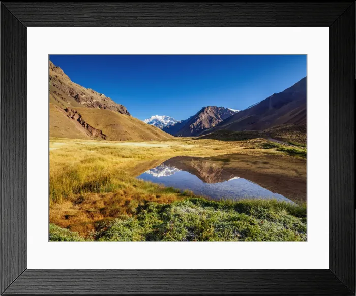 Framed Print : Aconcagua Mountain reflecting in the Espejo Lagoon, Aconcagua Provincial Park, Central Framed Print : Aconcagua Mountain reflecting in the Espejo Lagoon, Aconcagua Provincial Park, Central