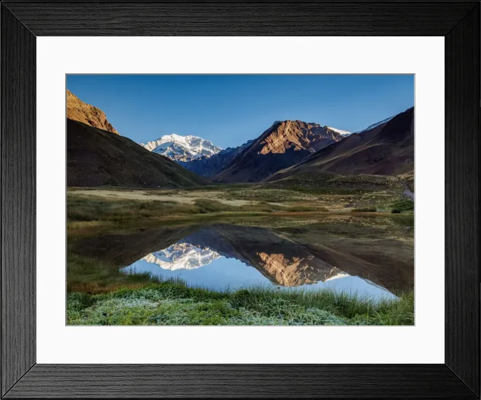 Framed Print : Aconcagua Mountain reflecting in the Espejo Lagoon, Aconcagua Provincial Park, Central Framed Print : Aconcagua Mountain reflecting in the Espejo Lagoon, Aconcagua Provincial Park, Central