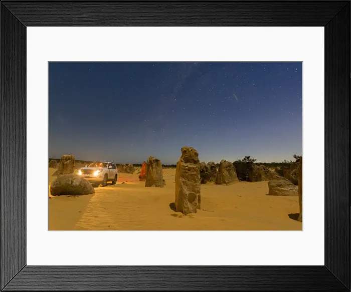 Framed Print : Jeeps headlights at night in the Pinnacle Desert, Western Australia Framed Print : Jeeps headlights at night in the Pinnacle Desert, Western Australia