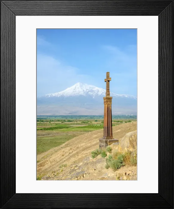 Framed Print : Stone cross in front of Mount Ararat at Khor Virap monastery, near Lusarat, Ararat Framed Print : Stone cross in front of Mount Ararat at Khor Virap monastery, near Lusarat, Ararat
