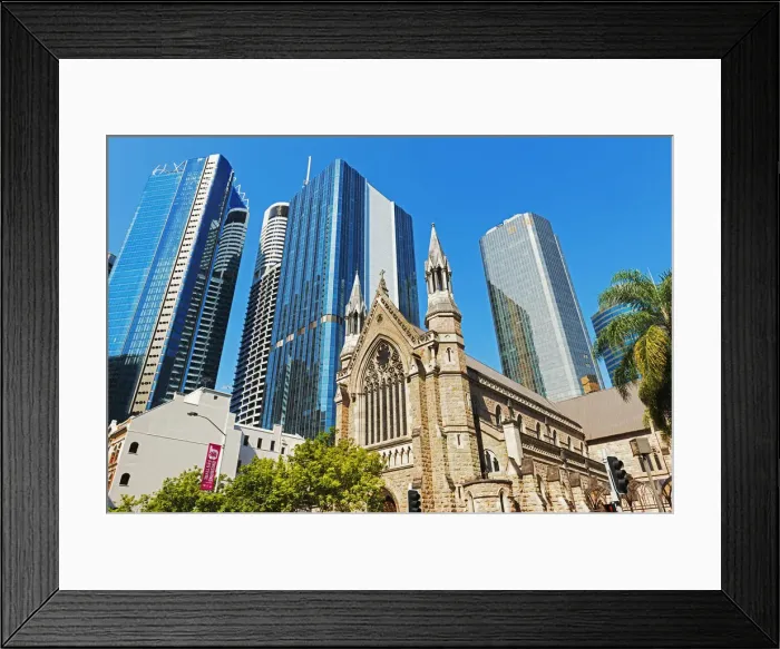 Framed Print : St Stephens Cathedral dwarfed by glass skyscrapers, Brisbane, Queensland, Australia Framed Print : St Stephens Cathedral dwarfed by glass skyscrapers, Brisbane, Queensland, Australia