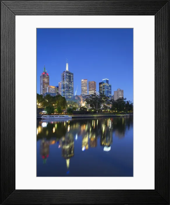 Framed Print : Skyline along Yarra River at dusk, Melbourne, Victoria, Australia Framed Print : Skyline along Yarra River at dusk, Melbourne, Victoria, Australia