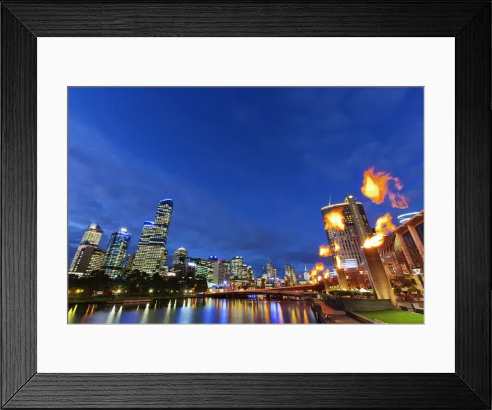 Framed Print : Australia, Victoria, Melbourne, City and Yarra River with flames coming from display Framed Print : Australia, Victoria, Melbourne, City and Yarra River with flames coming from display