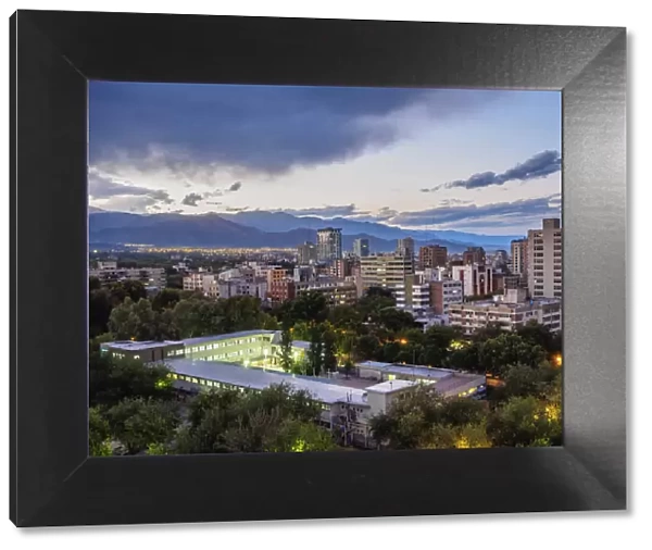 Cityscape of Mendoza with Andes in the background, twilight, Argentina