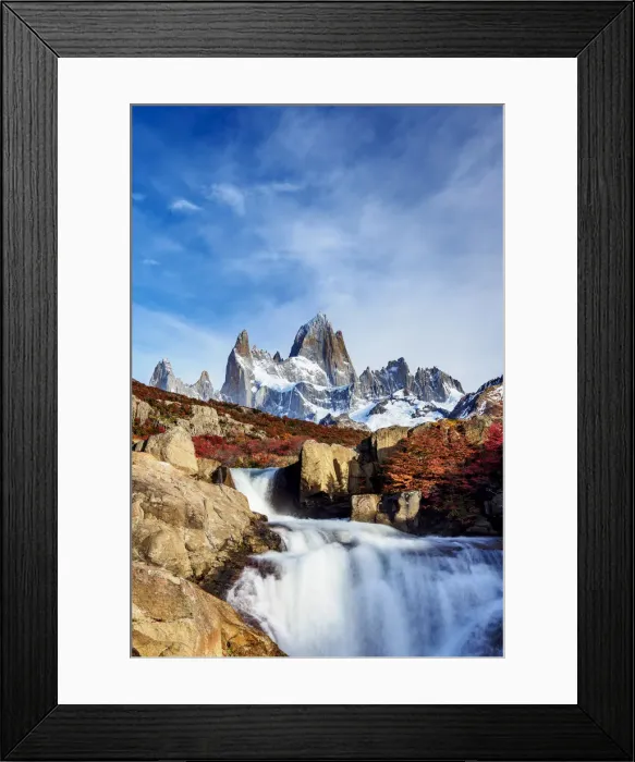 Framed Print : Waterfall on Arroyo del Salto and Mount Fitz Roy, Los Glaciares National Park, Santa Framed Print : Waterfall on Arroyo del Salto and Mount Fitz Roy, Los Glaciares National Park, Santa