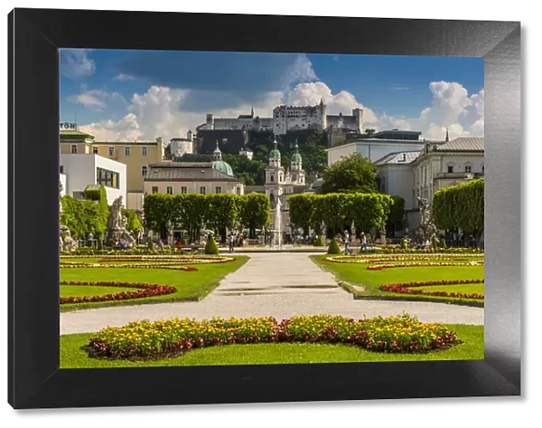 Mirabell gardens with Cathedral and Hohensalzburg castle in the background, Salzburg