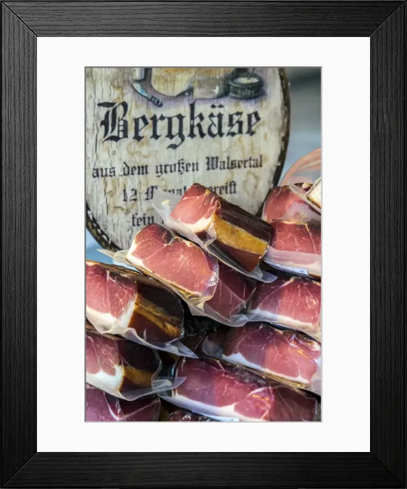 Framed Print : Typical Tyrolean speck ham on sale at the market, Salzburg, Austria
