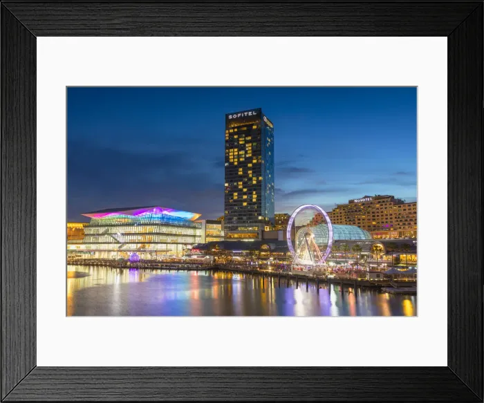Framed Print : Sofitel Hotel and International Convention Centre at dusk, Darling Harbour, Sydney Framed Print : Sofitel Hotel and International Convention Centre at dusk, Darling Harbour, Sydney