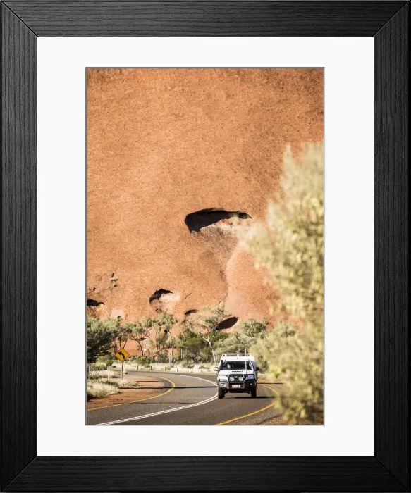 Framed Print : Road and 4x4 with Uluru in background, Australia