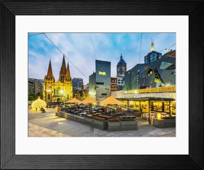 Framed Print : Melbourne, Victoria, Australia. Federation Square and St Pauls Cathedral at dusk Framed Print : Melbourne, Victoria, Australia. Federation Square and St Pauls Cathedral at dusk