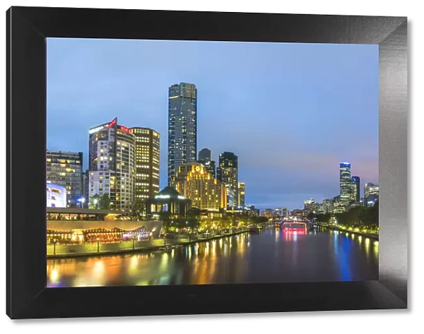 Melbourne, Victoria, Australia. Cityscape with Eureka Tower from the Yarra river at dusk