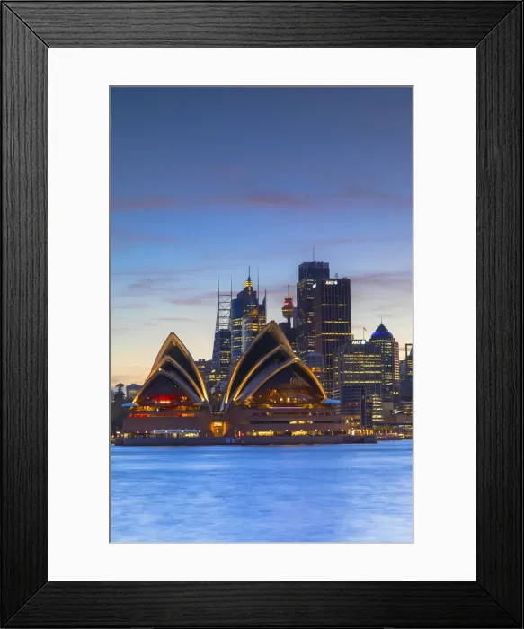 Framed Print : Sydney Opera House and skyline at sunset, Sydney, New South Wales, Australia