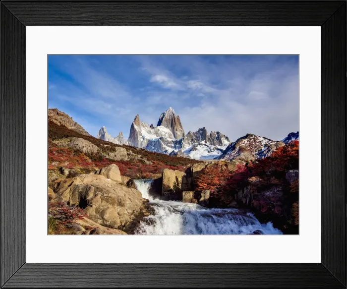 Framed Print : Waterfall on Arroyo del Salto and Mount Fitz Roy, Los Glaciares National Park, Santa Framed Print : Waterfall on Arroyo del Salto and Mount Fitz Roy, Los Glaciares National Park, Santa