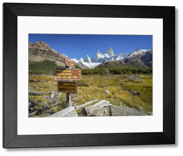Framed Print : Trail direction signs against iconic Fitz Roy mountain, Sendero al Fitz Roy, UNESCO Framed Print : Trail direction signs against iconic Fitz Roy mountain, Sendero al Fitz Roy, UNESCO