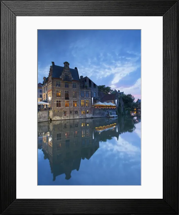 Framed Print : Canalside cafes on Leie Canal at sunset, Ghent, Flanders, Belgium Framed Print : Canalside cafes on Leie Canal at sunset, Ghent, Flanders, Belgium