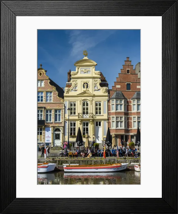Framed Print : Outdoor cafe along Leie river, Ghent, East Flanders, Belgium Framed Print : Outdoor cafe along Leie river, Ghent, East Flanders, Belgium
