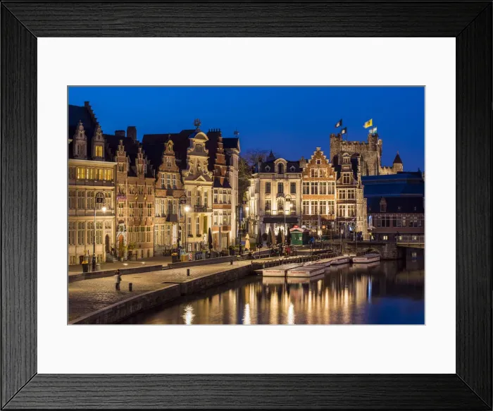 Framed Print : Night view of guild houses along Korenlei quay, Ghent, East Flanders, Belgium Framed Print : Night view of guild houses along Korenlei quay, Ghent, East Flanders, Belgium