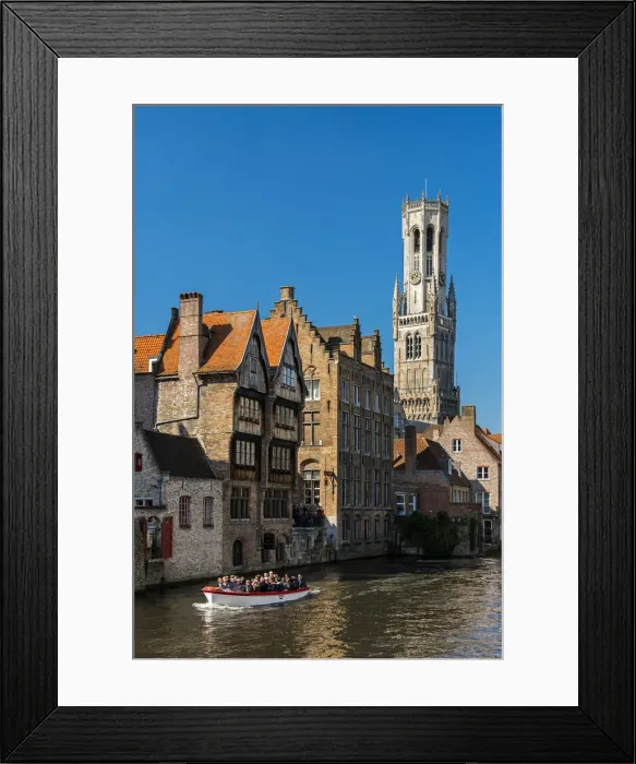 Framed Print : Dijver canal with Belfort medieval tower in the background, Bruges, West Flanders Framed Print : Dijver canal with Belfort medieval tower in the background, Bruges, West Flanders