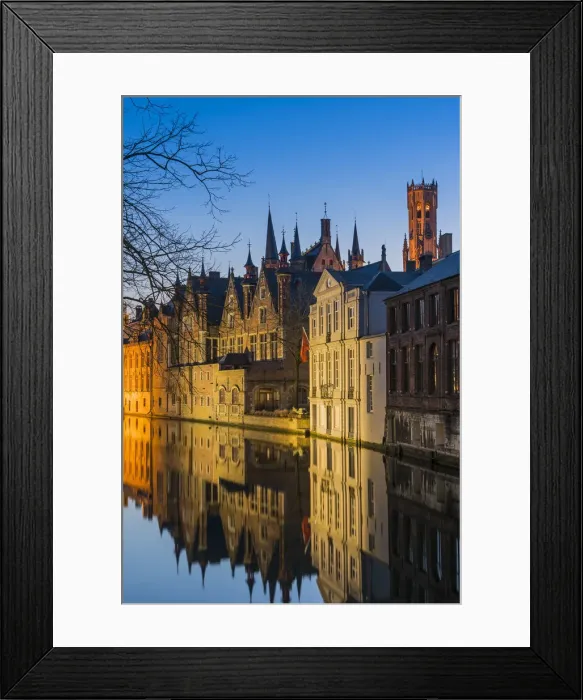 Framed Print : Picturesque blue hour view over Dijver canal with Belfort tower in the background Framed Print : Picturesque blue hour view over Dijver canal with Belfort tower in the background