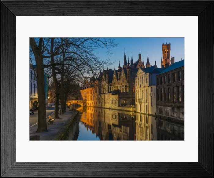 Framed Print : Picturesque blue hour view over Dijver canal with Belfort tower in the background Framed Print : Picturesque blue hour view over Dijver canal with Belfort tower in the background