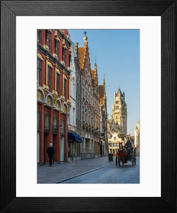 Framed Print : Cobbled street and horse carriage, Bruges, West Flanders, Belgium