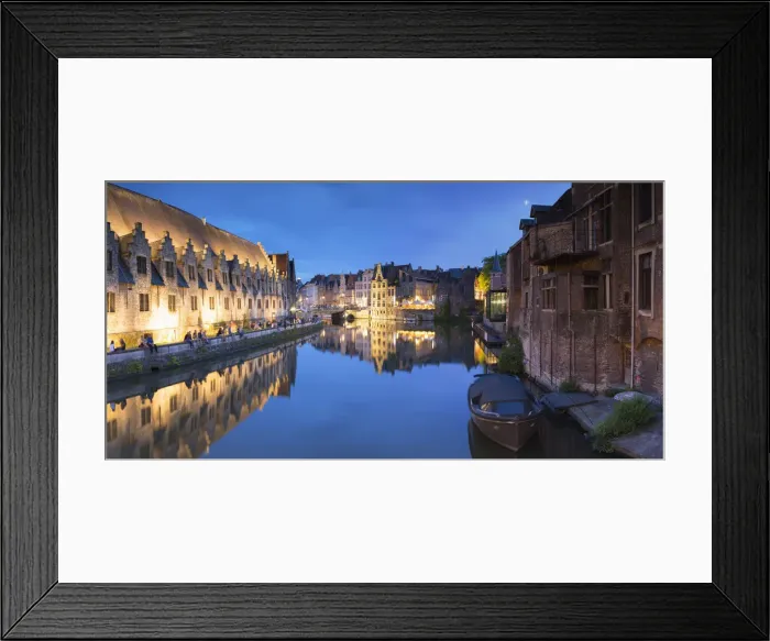 Framed Print : View of Leie Canal at dusk, Ghent, Flanders, Belgium Framed Print : View of Leie Canal at dusk, Ghent, Flanders, Belgium