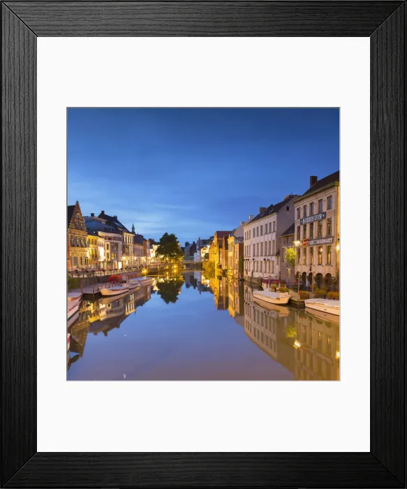 Framed Print : View of Leie Canal at dusk, Ghent, Flanders, Belgium Framed Print : View of Leie Canal at dusk, Ghent, Flanders, Belgium