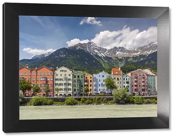 View of the colorful buildings along Inn river, Innsbruck, Tyrol, Austria