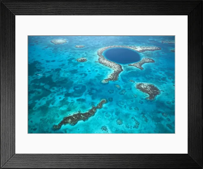 Framed Print : Central America, Belize, Lighthouse atoll, the Great Blue Hole, aerial shot of a dive Framed Print : Central America, Belize, Lighthouse atoll, the Great Blue Hole, aerial shot of a dive