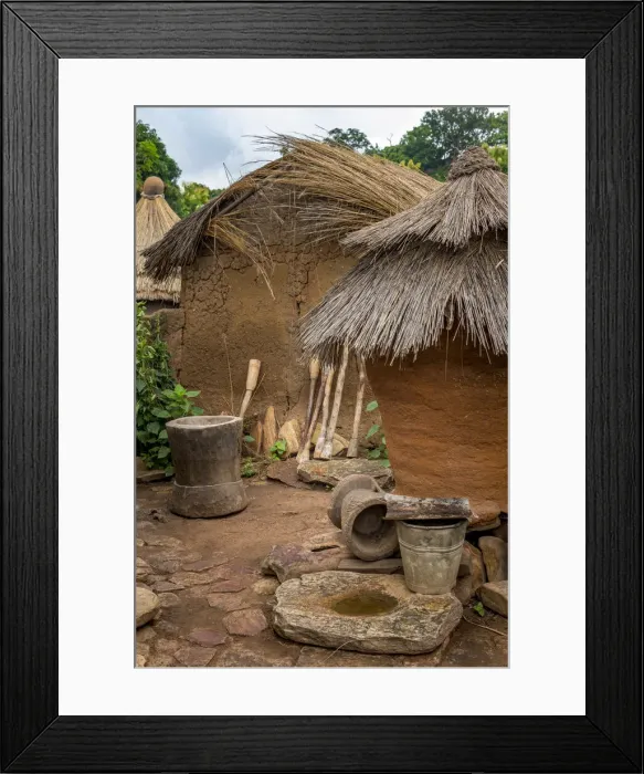 Framed Print : Africa, Benin, Taneka Koko. a still life of the open air kitchen and storage huts