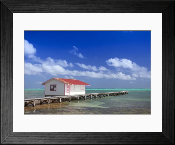 Framed Print : Central America, Belize, Ambergris Caye, San Pedro, a red hut on a jetty contrasted Framed Print : Central America, Belize, Ambergris Caye, San Pedro, a red hut on a jetty contrasted